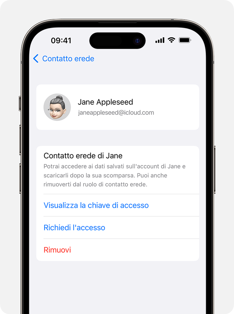 Schermata di iPhone che mostra come richiedere l'accesso per diventare un contatto erede