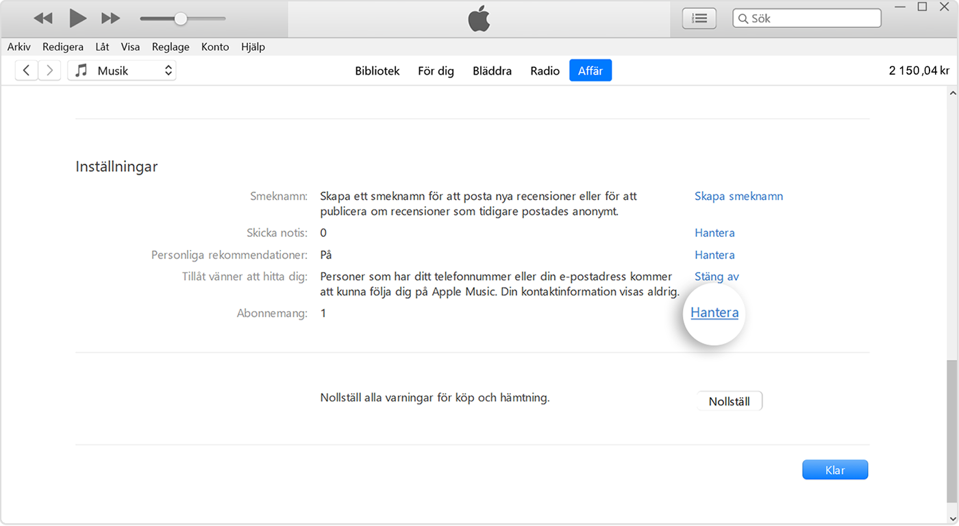 Knappen Hantera bredvid Prenumerationer i iTunes.