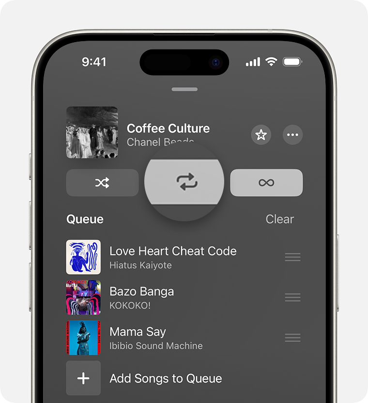 An iPhone showing the Apple Music expanded player and queue. The Shuffle, Replay, and Autoplay buttons are at the top with a populated queue below it. The Repeat and Autoplay buttons are on.