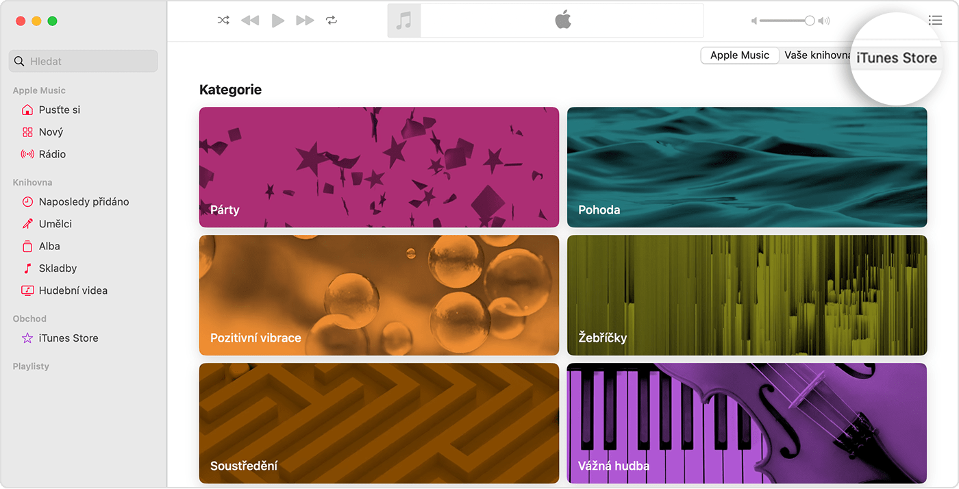 Aplikace Hudba pro Mac má otevřené procházení kategorií. Vpravo nahoře jsou možnosti Apple Music, Vaše knihovna a iTunes Store, je vybraný iTunes Store.