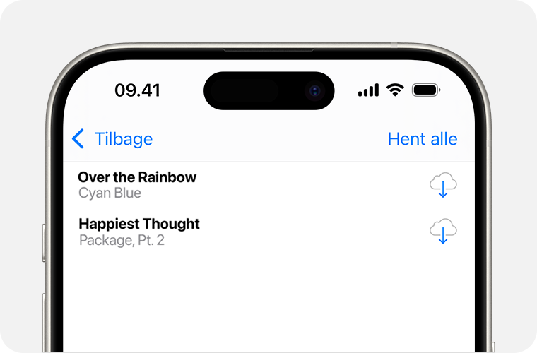 En iPhone med visning af en liste over sange, du kan downloade igen. Knappen Download vises til højre. Det er en sky med en pil, der peger ned i midten af den.