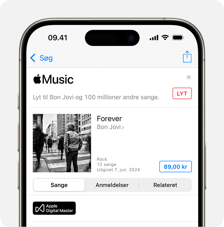 Skærmen Køb for Forever af Bon Jovi i iTunes Store. Knappen Køb vises til højre på skærmen. Det er prisen på albummet i en blå kasse. 