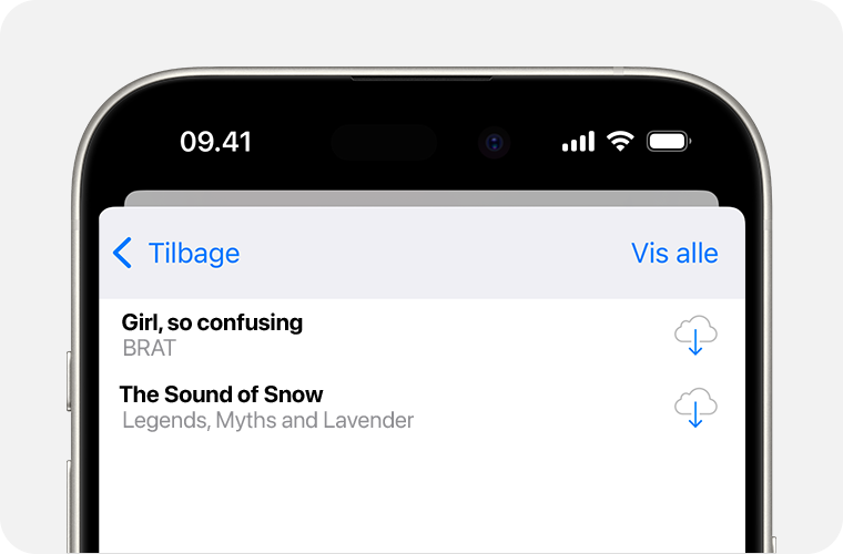 En iPhone med visning af listen over skjulte køb. Knappen Vis alle skjulte vises øverst til højre på skærmen.