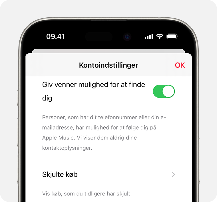 En iPhone med visning af skærmen Kontoindstillinger i Apple Music. Skjulte køb vises midt på skærmen.