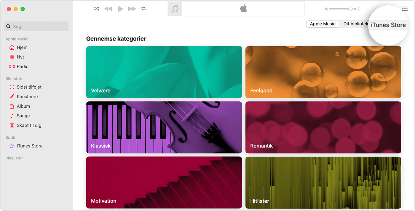 Appen Apple Music til Mac med Gennemse kategorier åbnet. Øverst til højre kan du vælge muligheder for Apple Music, Dit bibliotek og iTunes Store, og iTunes Store er markeret.