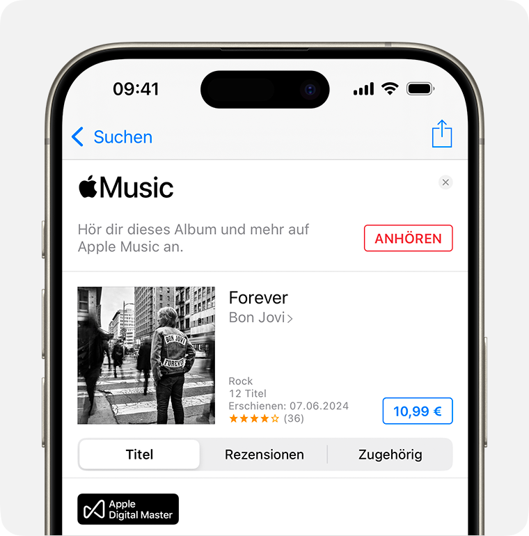 Der Kaufbildschirm für „Forever“ von Bon Jovi im iTunes Store. Die Kaufen-Taste befindet sich auf der rechten Bildschirmseite. Es handelt sich um den Preis des Albums in einem blauen Karton. 