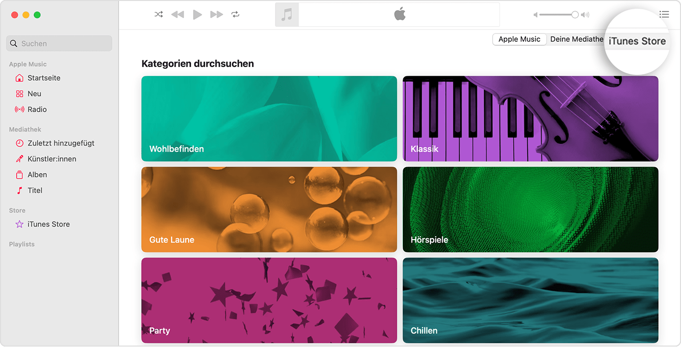 In der Apple Music-App für den Mac ist „Kategorien durchsuchen“ geöffnet. Oben rechts gibt es Optionen für Apple Music, deine Mediathek und den iTunes Store, und „iTunes Store“ ist ausgewählt.