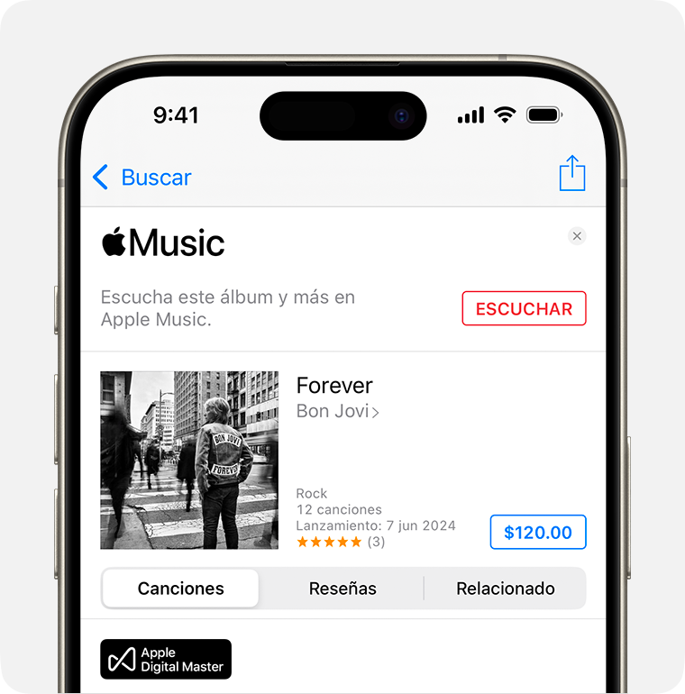 La pantalla Comprar para la canción Forever de Bon Jovi en iTunes Store. El botón Comprar está a la derecha de la pantalla. Es el precio del álbum en un cuadro azul. 