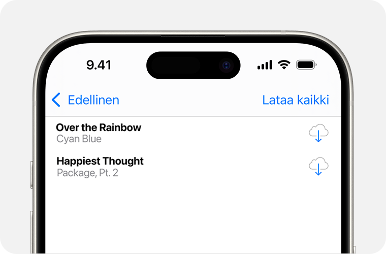 iPhone, jossa on luettelo kappaleista, jotka voit ladata uudelleen. Lataa-painike on oikealla oleva pilvikuvake, jonka keskellä on alaspäin osoittava nuoli.