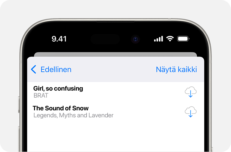 iPhone, jonka näytöllä on luettelo piilotetuista ostoksista. Näytä kaikki -painike on näytön oikeassa yläkulmassa.