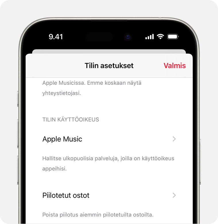 iPhone, jonka näytöllä on Apple Music -tilin asetusnäyttö. Piilotetut ostot ovat näytön keskellä.