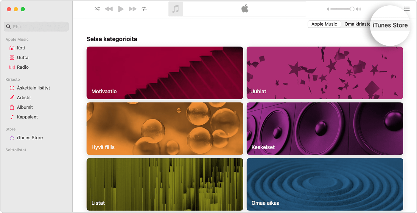 Macin Apple Music ‑apissa on avoinna Selaa kategorioita. Oikeassa yläkulmassa näkyvät Apple Music-, Oma kirjasto- ja iTunes Store ‑valinnat ja valittuna on iTunes Store.