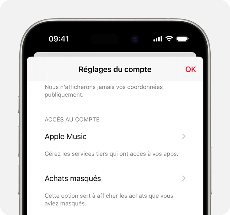 Un iPhone montrant l’écran Réglages du compte dans Apple Music. Les achats masqués se trouvent au milieu de l’écran.