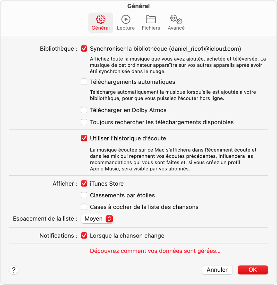 L’onglet Général des réglages d’Apple Music. La troisième section présente les options « Afficher » et iTunes Store est sélectionné.