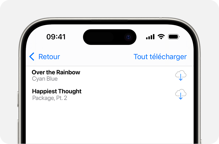 Un iPhone affichant une liste de morceaux que vous pouvez télécharger à nouveau. Le bouton Télécharger se trouve à droite. C’est un nuage avec, au milieu, une flèche pointant vers le bas.