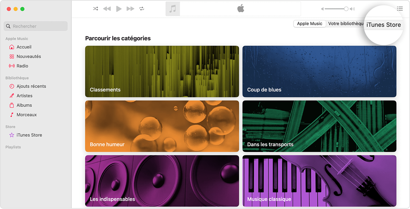 L’app Apple Music pour Mac avec l’option Parcourir les catégories ouverte. En haut à droite, les options Apple Music, Votre bibliothèque et iTunes Store sont affichées, et iTunes Store est sélectionné.