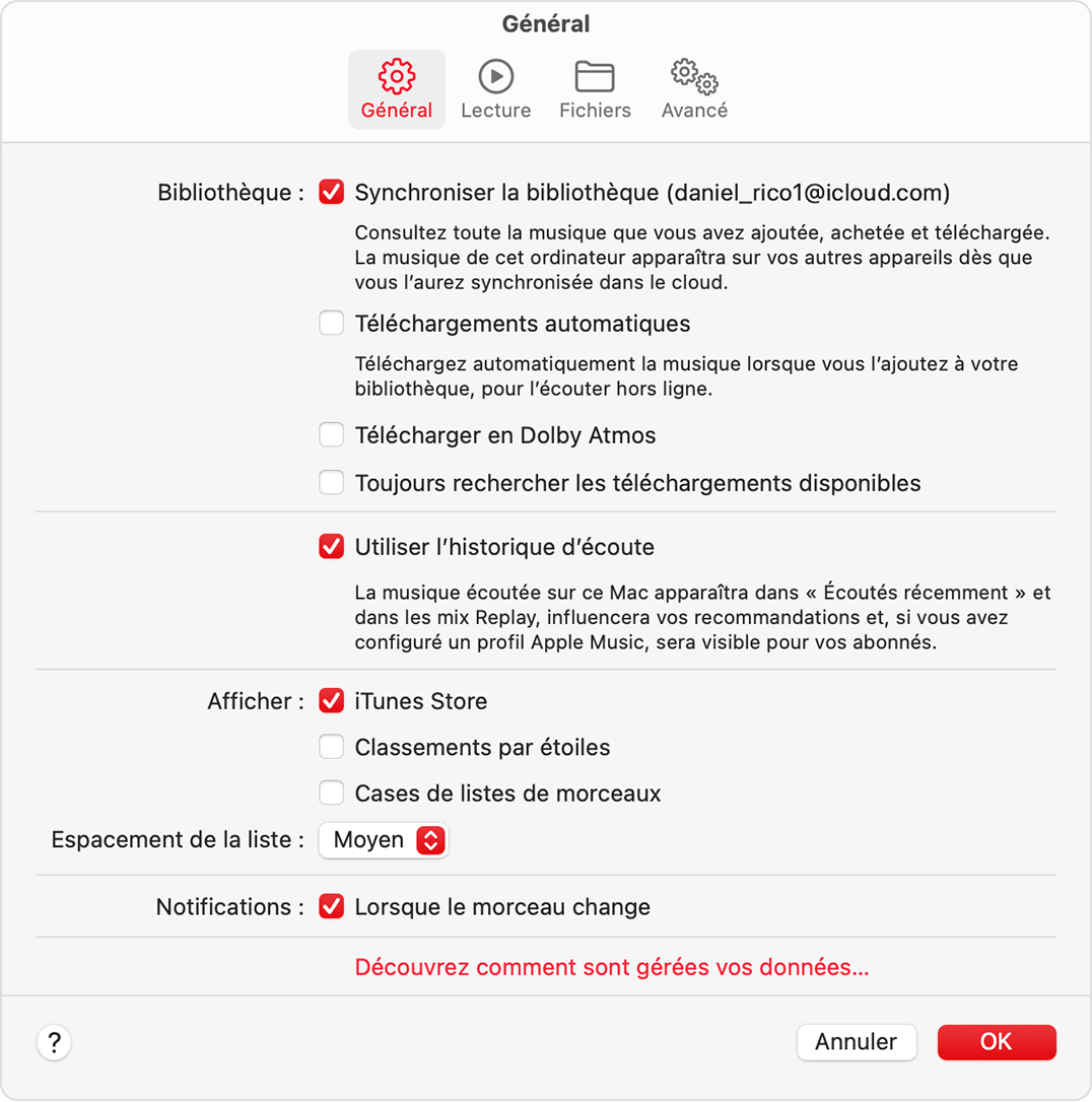 L’onglet Général des réglages Apple Music. Dans la troisième section, le menu « Afficher » propose plusieurs options et iTunes Store est sélectionné.