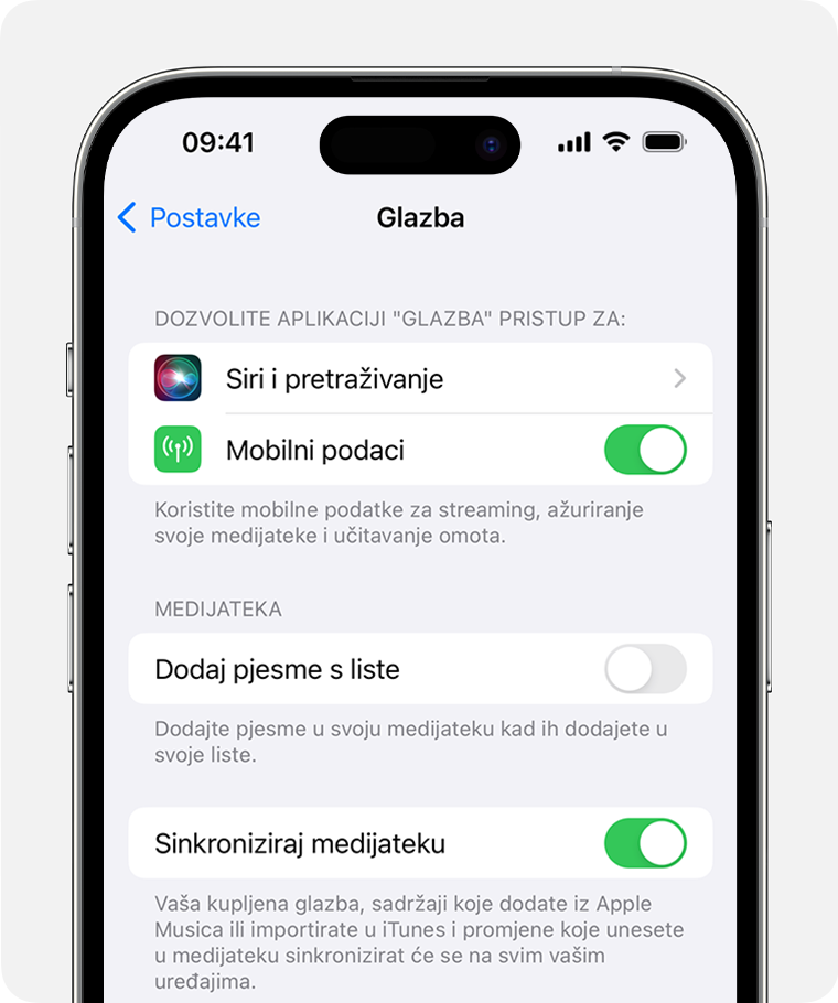 iPhone s prikazom uključene sinkronizacije medijateke u Postavkama glazbe.