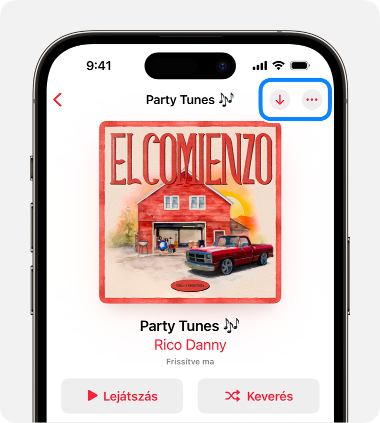 Egy iPhone képernyője, amelyen az Apple Music alkalmazás §Lejátszás következőként gombja látható.