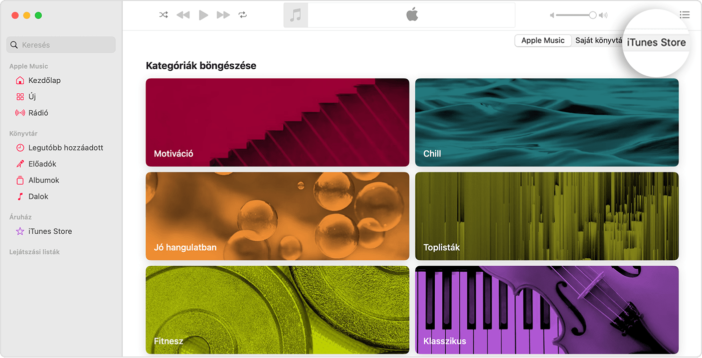 Az Apple Music app Mac-verziójában a Böngészés kategóriákban lap van megnyitva. A jobb felső sarokban az Apple Music, a Saját könyvtár és az iTunes Store elem látható, és az iTunes Store van kiválasztva.