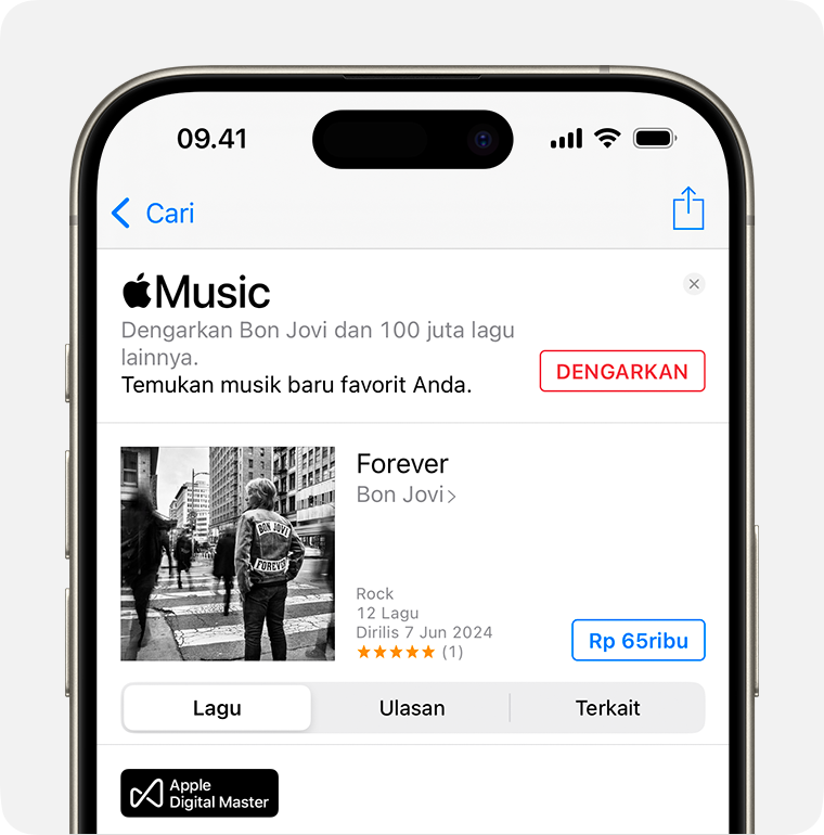 Layar Beli untuk Forever oleh Bon Jovi di iTunes Store. Tombol Beli berada di sebelah kanan layar. Harga album terdapat di dalam kotak biru. 