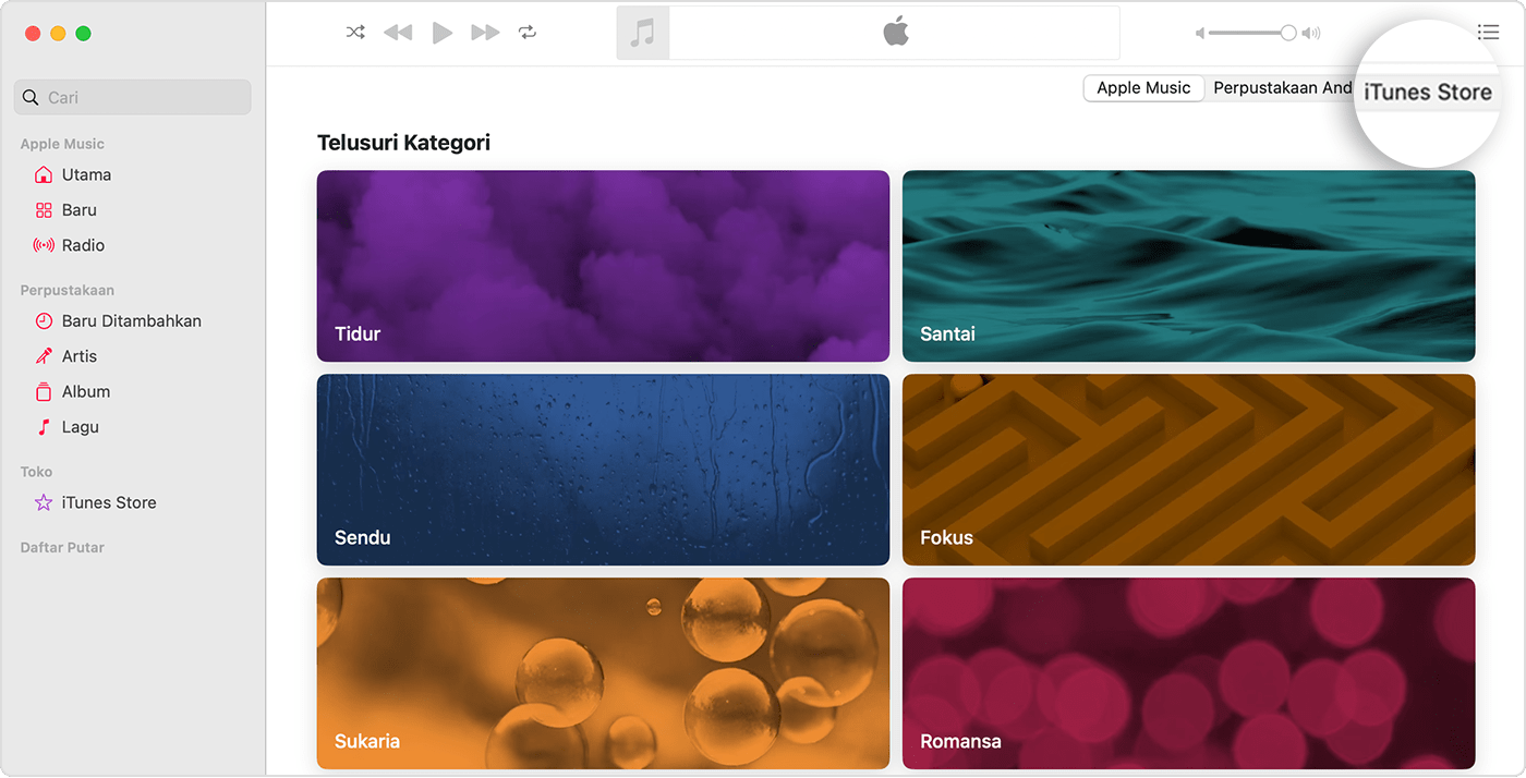 App Apple Music untuk Mac telah membuka Telusuri Kategori. Di kanan atas, ada pilihan untuk Apple Music, Perpustakaan Anda, dan iTunes Store, dengan iTunes Store yang dipilih.