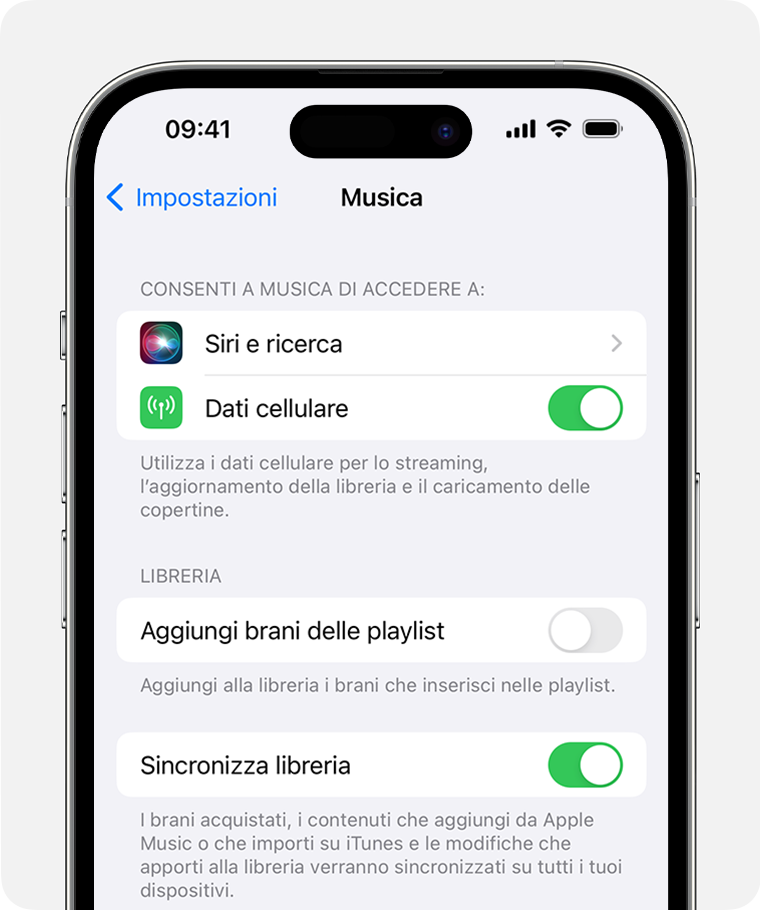 iPhone che mostra Sincronizza libreria attivata in Impostazioni musicali.