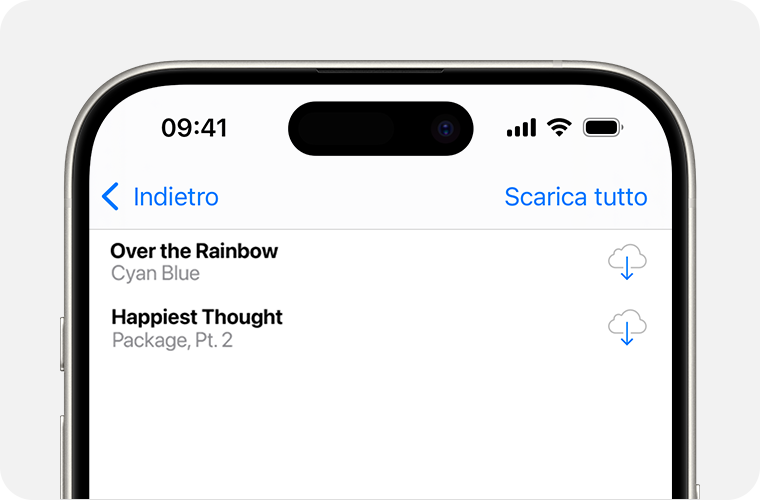 Un iPhone che mostra un elenco di brani che puoi scaricare di nuovo. Il pulsante Download è a destra, che è una nuvola con al centro una freccia rivolta verso il basso.