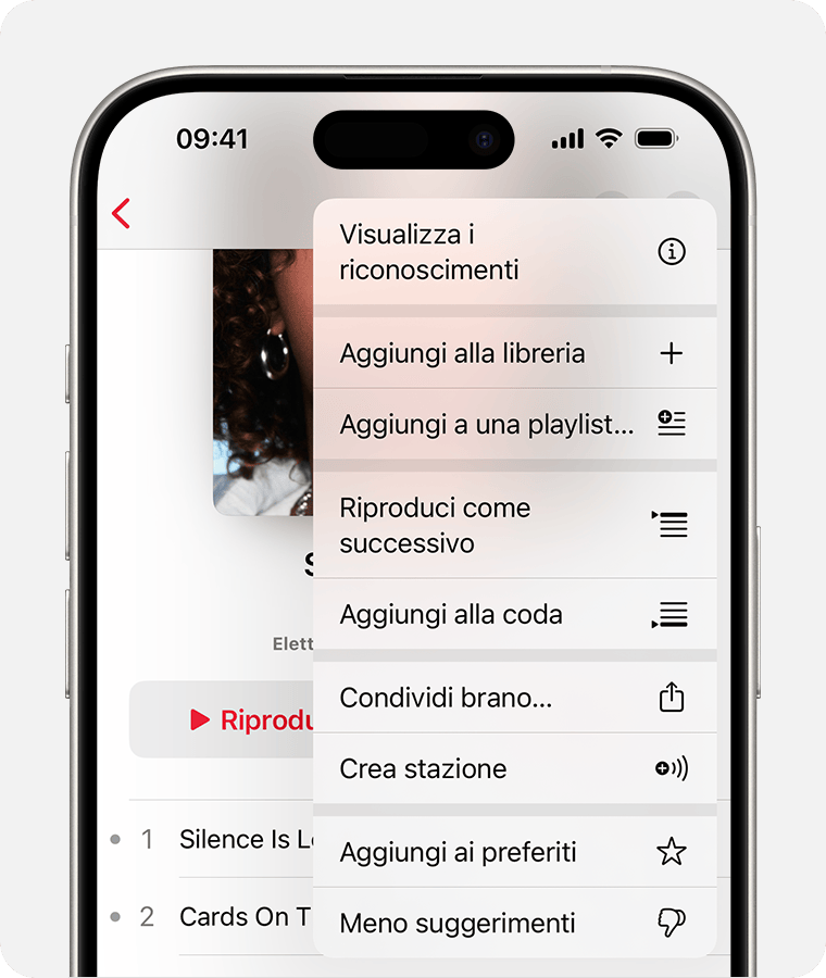 iPhone che mostra il menu Altro con le opzioni di coda.