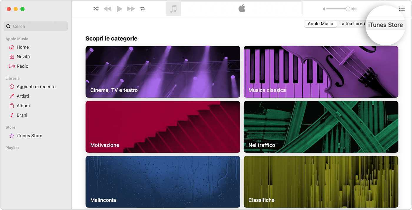 L'app Apple Music per Mac con Sfoglia categorie aperto. In alto a destra, ci sono opzioni per Apple Music, La tua libreria e iTunes Store, e iTunes Store è selezionato.