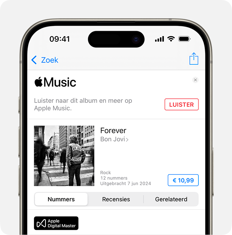 Het koopscherm voor 'Forever' van Bon Jovi in de iTunes Store. De knop 'Koop' staat rechts bovenin. Het is de prijs van het album in een blauw vak. 