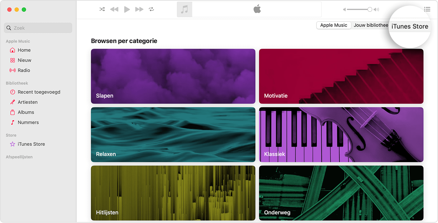 De Apple Music-app voor de Mac heeft 'Blader door categorieën' geopend. In de rechterbovenhoek zijn er opties voor 'Apple Music', 'Jouw bibliotheek' en 'iTunes Store', en 'iTunes Store' is geselecteerd.