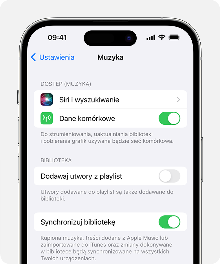 iPhone wyświetlający opcję Synchronizuj bibliotekę w ustawieniach muzyki.