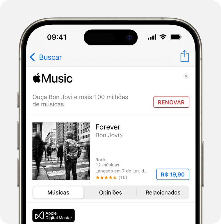 Tela Comprar de Forever, do Bon Jovi, na iTunes Store. O botão Comprar fica à direita da tela. O preço do álbum fica na caixa azul. 