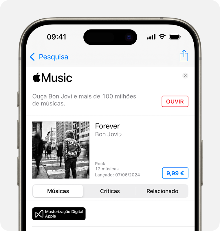 O ecrã Comprar de Forever dos Bon Jovi na iTunes Store. O botão Comprar encontra-se à direita do ecrã. É o preço do álbum numa caixa azul. 