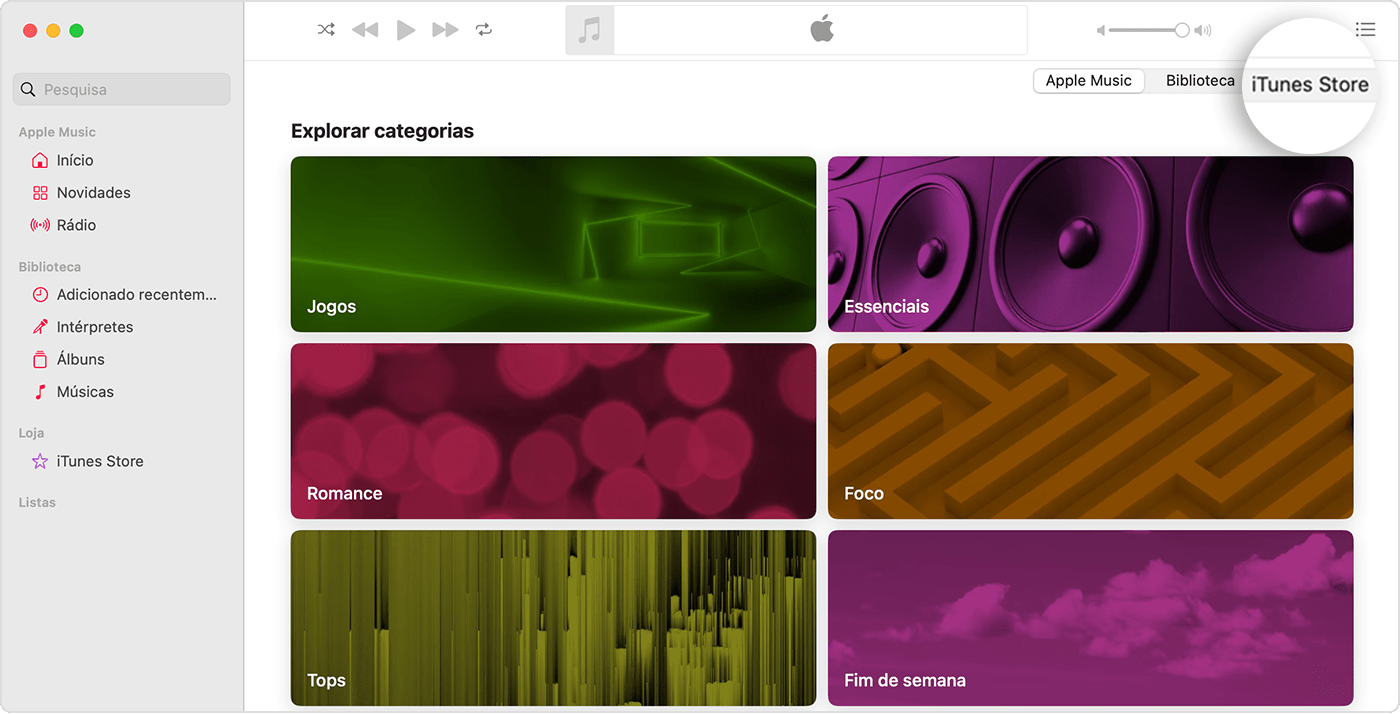 A app Apple Music para Mac tem a funcionalidade Pesquisar categorias aberta. No canto superior direito, existem opções para a Apple Music, A sua biblioteca e a iTunes Store, e a iTunes Store está selecionada.