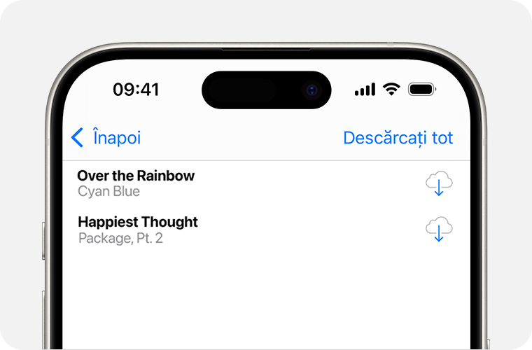 Un iPhone afișând listă de melodii pe care le poți redescărca. Butonul Descărcare este în partea dreaptă, reprezentat de un nor în mijlocul căruia se află o săgeată orientată în jos.