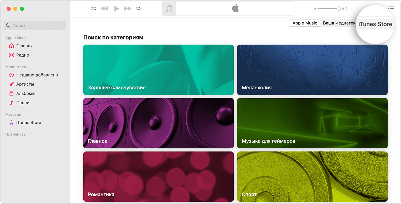 В приложении Apple Music на компьютере Mac открыт раздел «Просмотр категорий». В правом верхнем углу находятся варианты Apple Music, «Ваша медиатека» и iTunes Store, выбран iTunes Store.