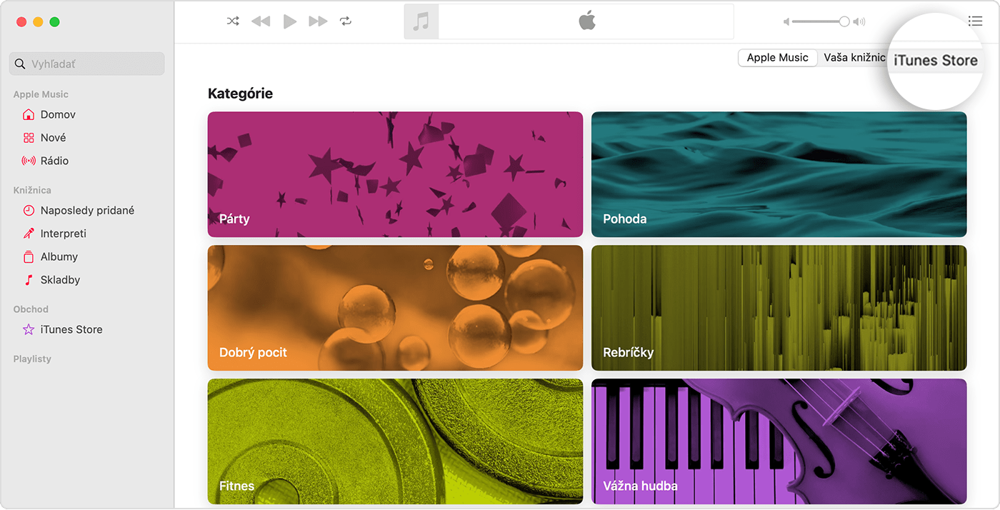 Aplikácia Apple Music pre Mac má otvorenú položku Prechádzať kategórie. Vpravo hore sú k dispozícii možnosti Apple Music, Vaša knižnica a iTunes Store a je vybraná možnosť iTunes Store.