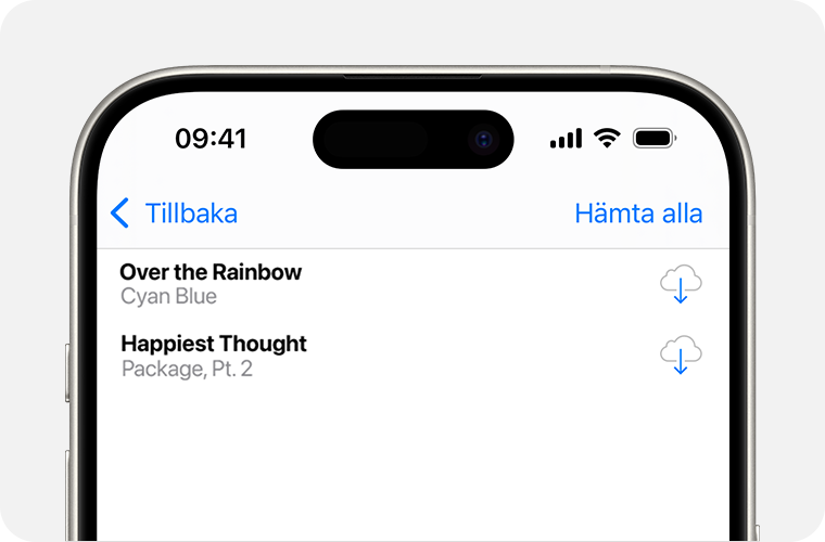 En iPhone som visar en lista över låtar som du kan hämta igen. Knappen Hämta hittar du till höger. Den är ett moln med en pil som pekar nedåt i mitten av molnet.