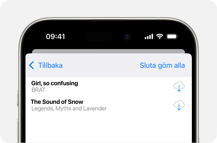 En iPhone som visar listan över dolda köp. Knappen Visa alla igen finns längst upp till höger på skärmen.