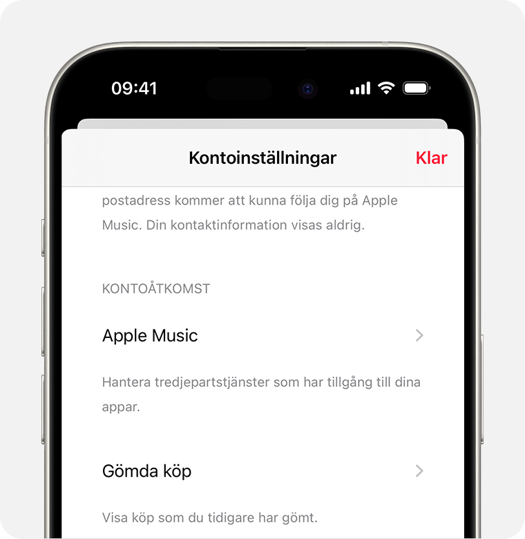 En iPhone som visar skärmen för kontoinställningar i Apple Music. Dolda köp finns i mitten av skärmen.