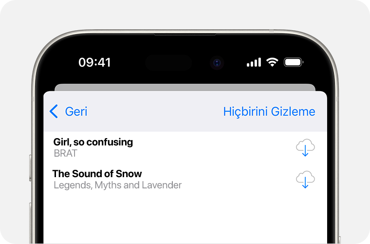 Gizli satın alımların listesinin gösterildiği bir iPhone. Tümünü Göster düğmesi ekranın sağ üst tarafında yer alıyor.