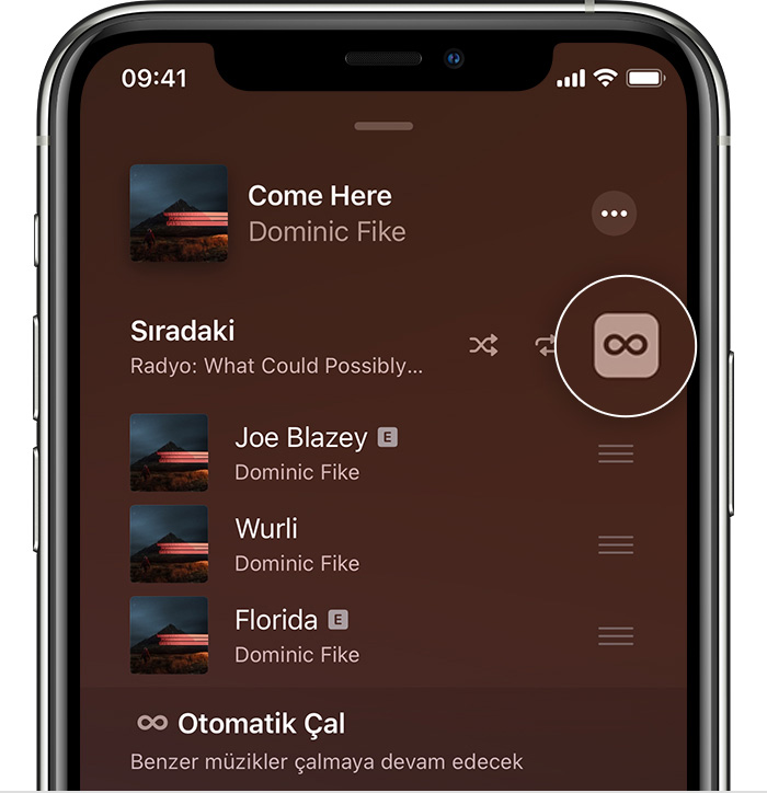 Sıradaki ekranında Otomatik Çal düğmesini gösteren iPhone