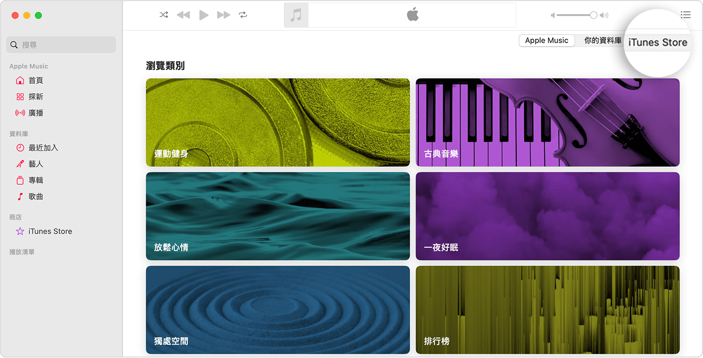 Mac 版 Apple Music app 的「瀏覽類別」已開啟。右上方有對應 Apple Music、「你的資料庫」和 iTunes Store 的選項，並已選擇 iTunes Store。