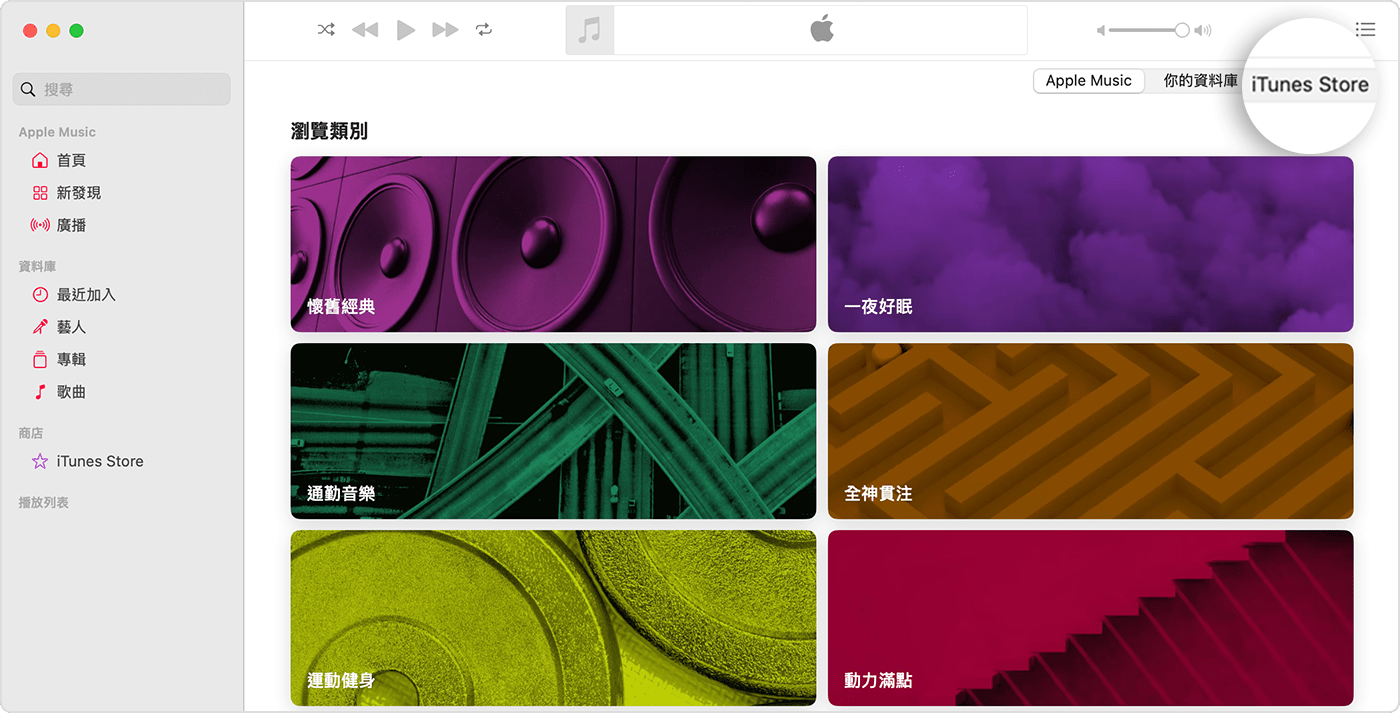 Mac 版「音樂」App 已打開「瀏覽類別」。右上角有「Apple Music」、「你的資料庫」和「iTunes Store」選項，並已選取「iTunes Store」。