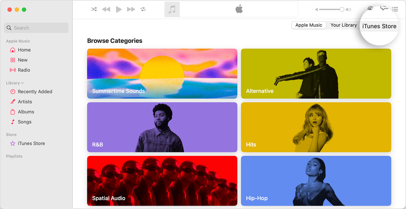 The Apple Music app for Mac has Browse Catergories open. In the top-right, there are options for Apple Music, Your Librery, and iTunes Store, and iTunes Store is selected.