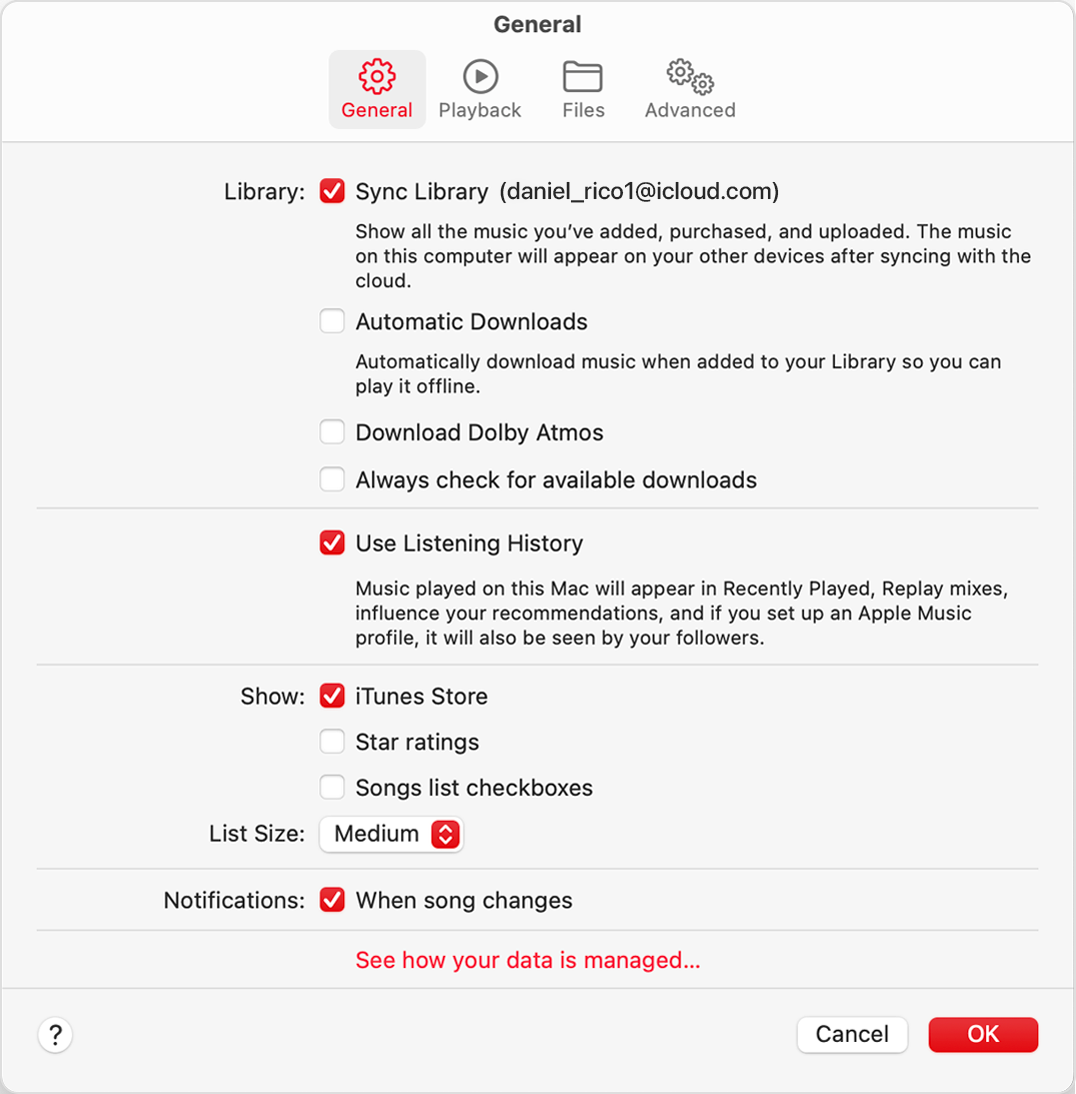 The General tab of Apple Music Settings. The third section has "Show" options and iTunes Store is selected.