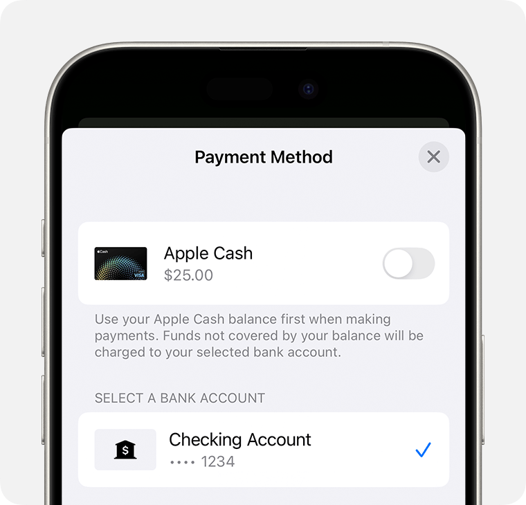 Apple Cash Payment Method screen with Checking Account selected