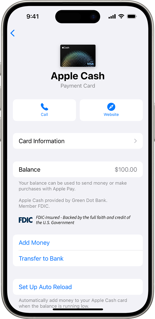 Apple Cash card details on iPhone.